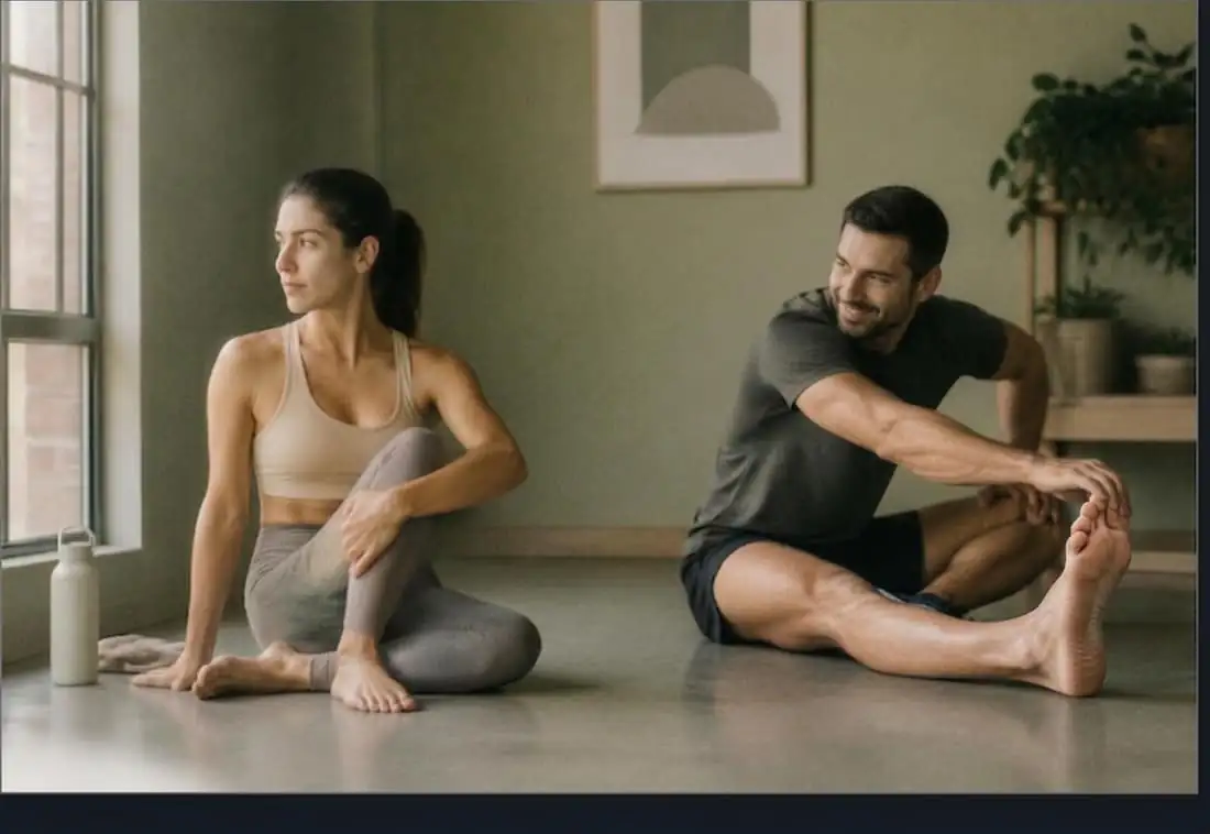 A man and a woman stretching together in a sunlit sage-toned studio