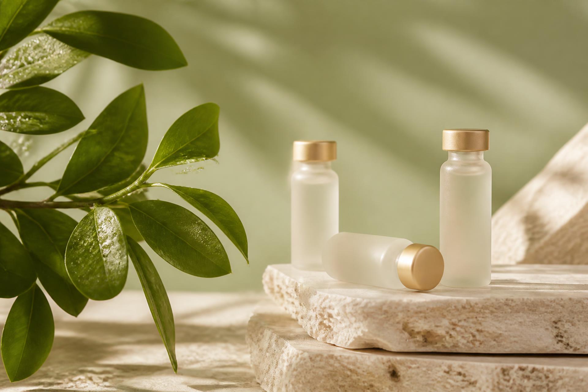 Green leaves with dew beside premium wellness vials on natural stone